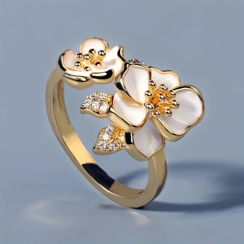 Vintage Style White Enamel Gold Flower Ring