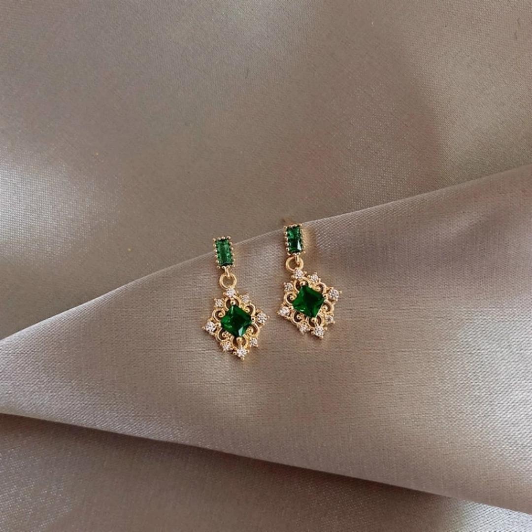 Radiant Green Zirconia Gold Earrings