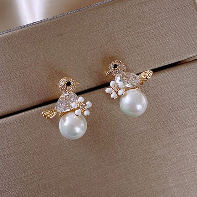 Radiant Pearl Inlaid Bird Earrings with Sparkling Zirconia