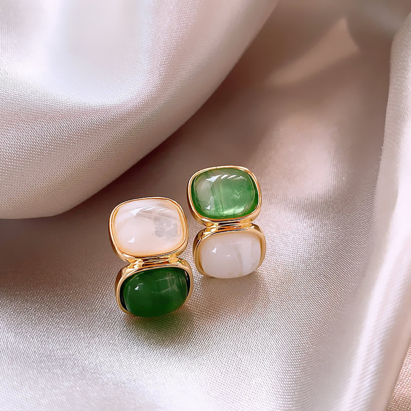Gold Earrings Featuring White and Green Stones