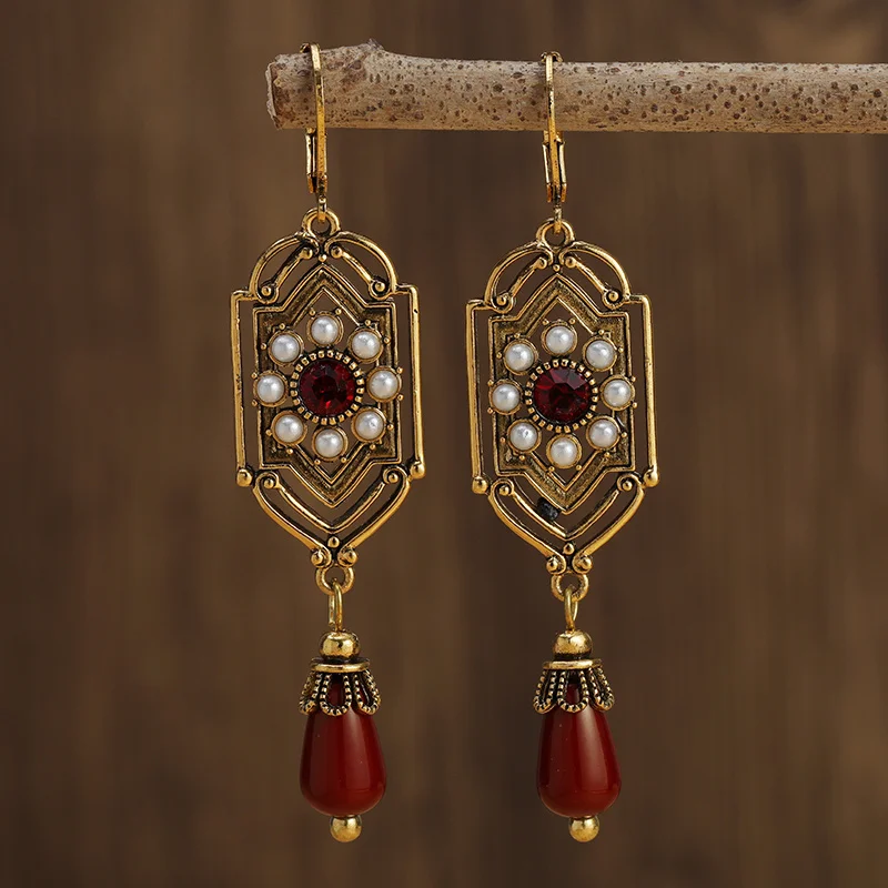 Vintage Gold Earrings with Red Crystal and Pearl