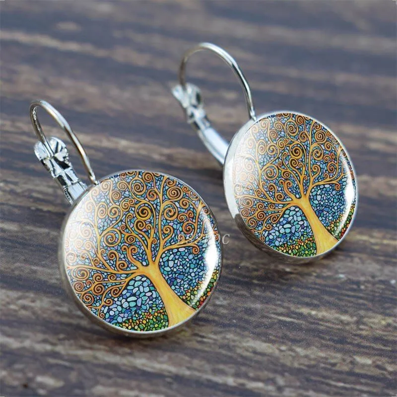 Vintage Tree of Life Round Drop Earrings