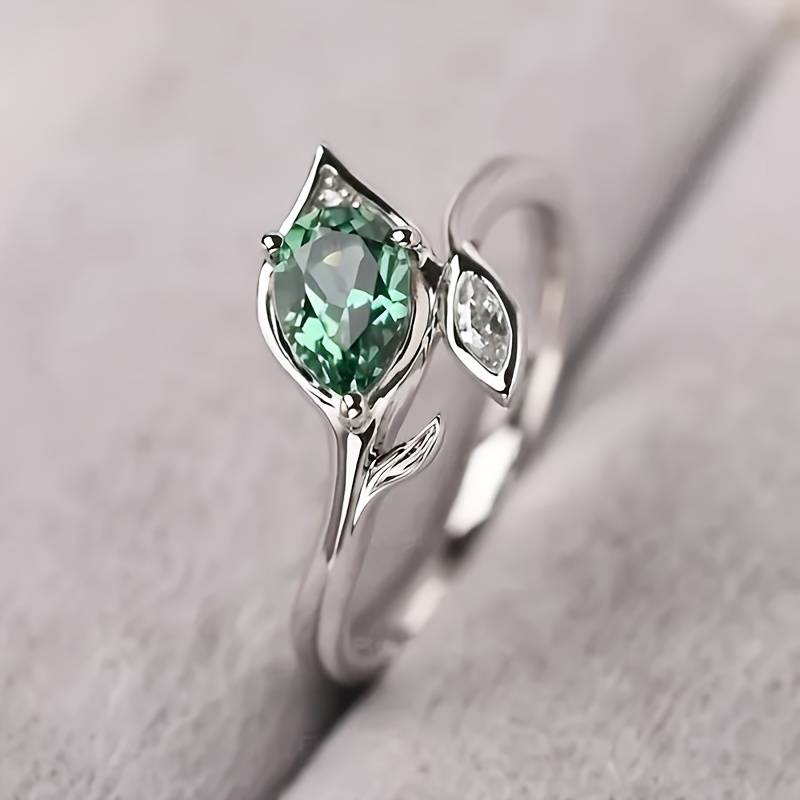 Vintage Green Crystal Leaf Charm Ring