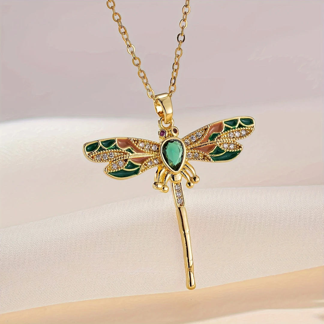 Gold and Green Dragonfly Necklace