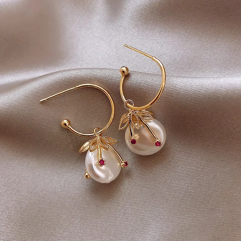 Classic Gold Cherry Earrings with Pearls