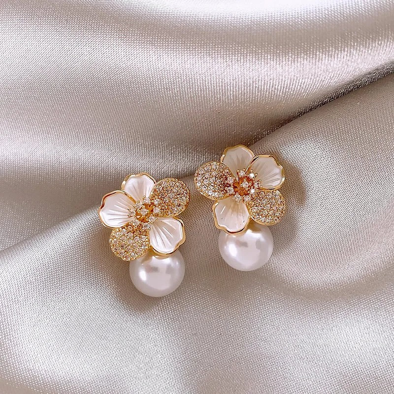 Camellia White Pearl Drop Earrings