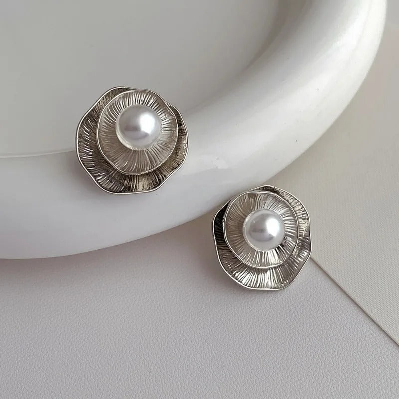 Vintage Pearl Stud Earrings with Petal Design