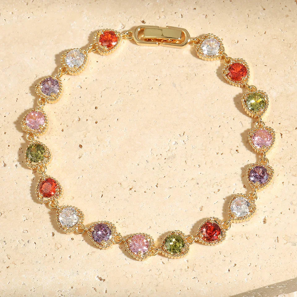 Vintage Rainbow Heart Gold Charm Bracelet