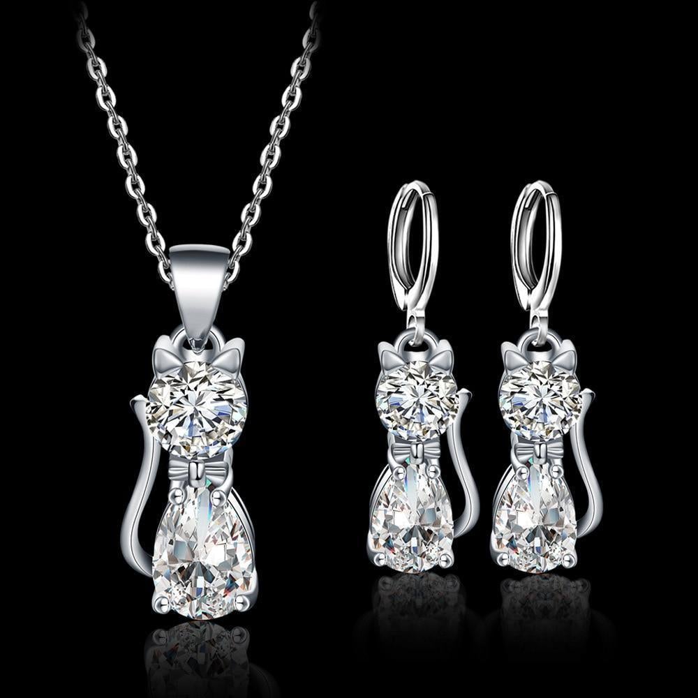 Set Necklace + Earrings Happy Cats Polished White Zirconium