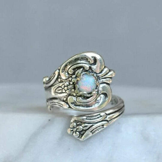 Adjustable White Opal Spoon Ring