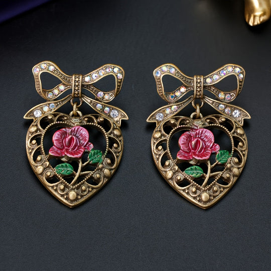 Vintage Heart & Rose Bowknot Earrings