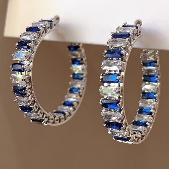 Chic Square Blue Gemstone Hoop Earrings