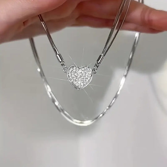 Layered Magnet Necklace with Zircon Heart