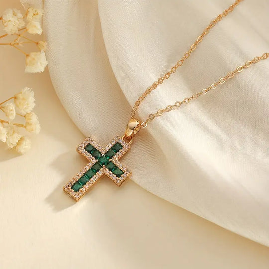 Solene Emerald Cross Gold Necklace