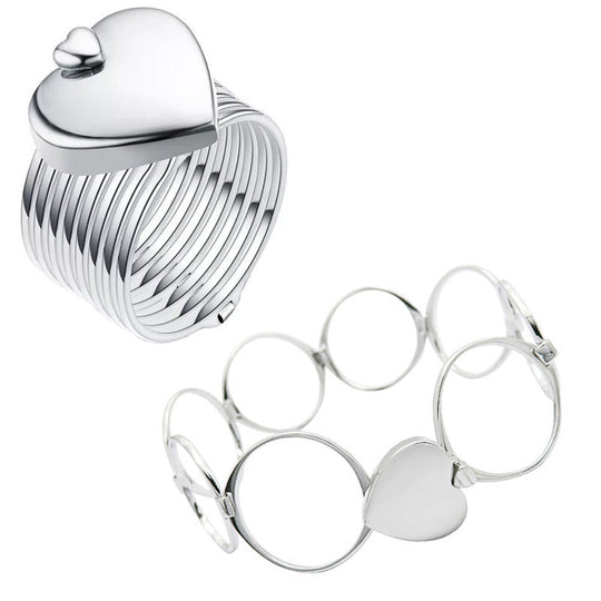 Silver Adjustable Heart Bracelet and Ring Set
