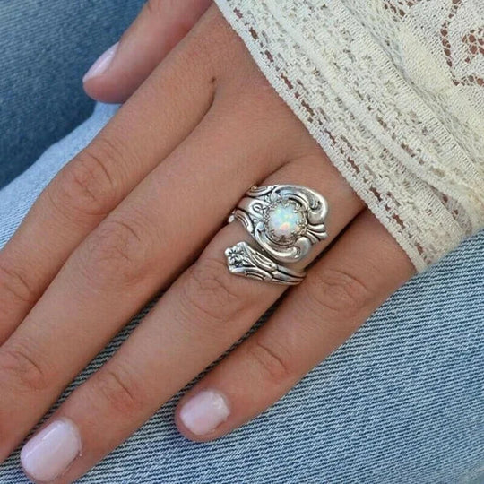 Adjustable White Opal Spoon Ring