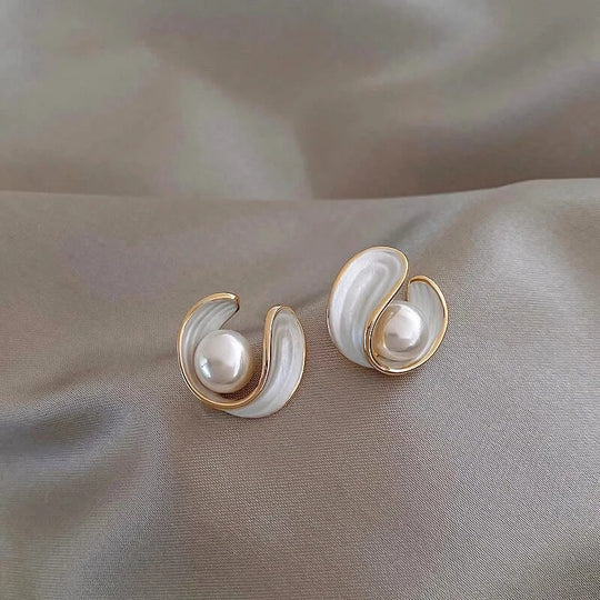Gold and White Opal Pearl Drops Earrings
