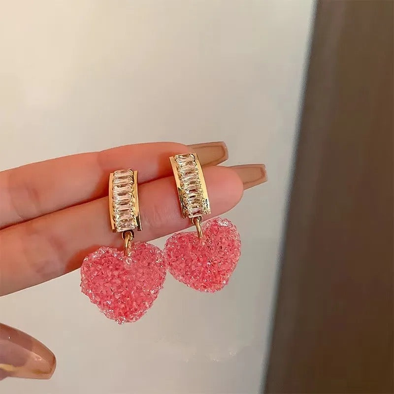 Korean-Style Pink Heart Crystal Earrings