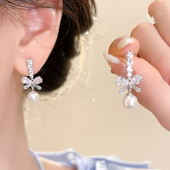Rhinestone Bows Imitation Pearls Earrings