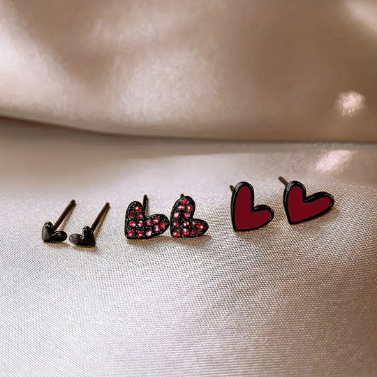 3 Pairs Heart Stud Earrings Set