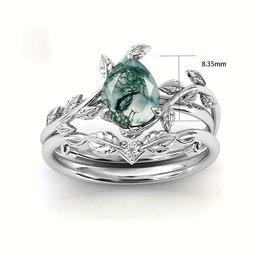 Elegant Silver Natural Water Grass Agate Ring Set