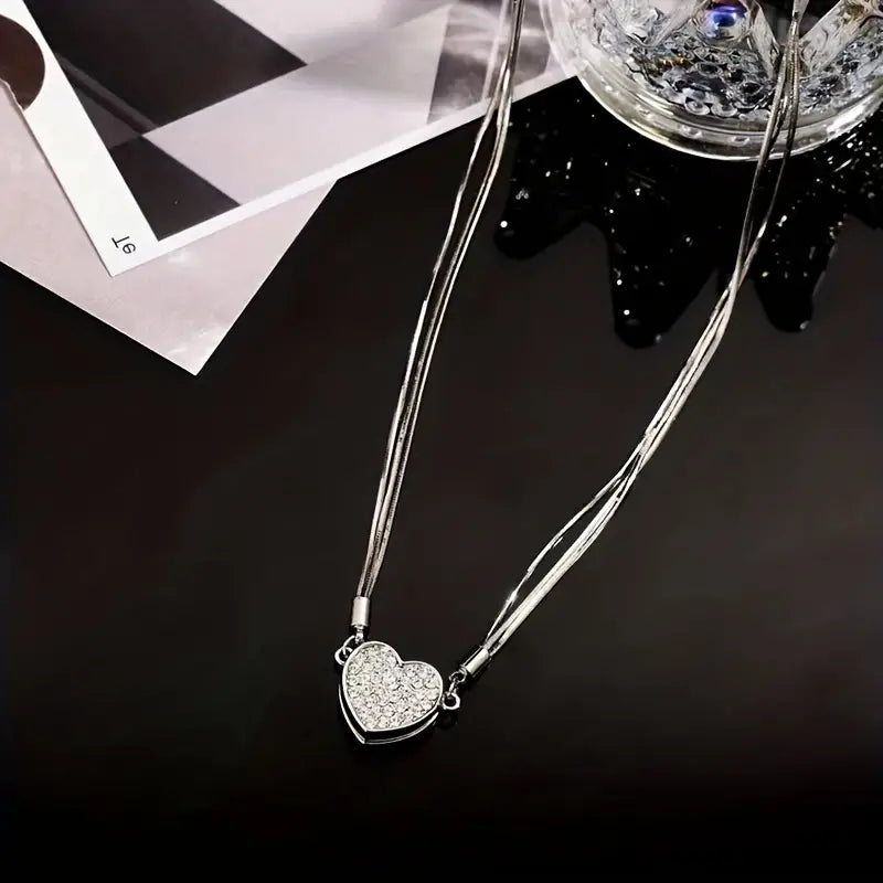 Layered Magnet Necklace with Zircon Heart