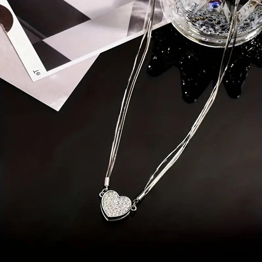 Layered Magnet Necklace with Zircon Heart