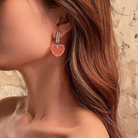Korean-Style Pink Heart Crystal Earrings