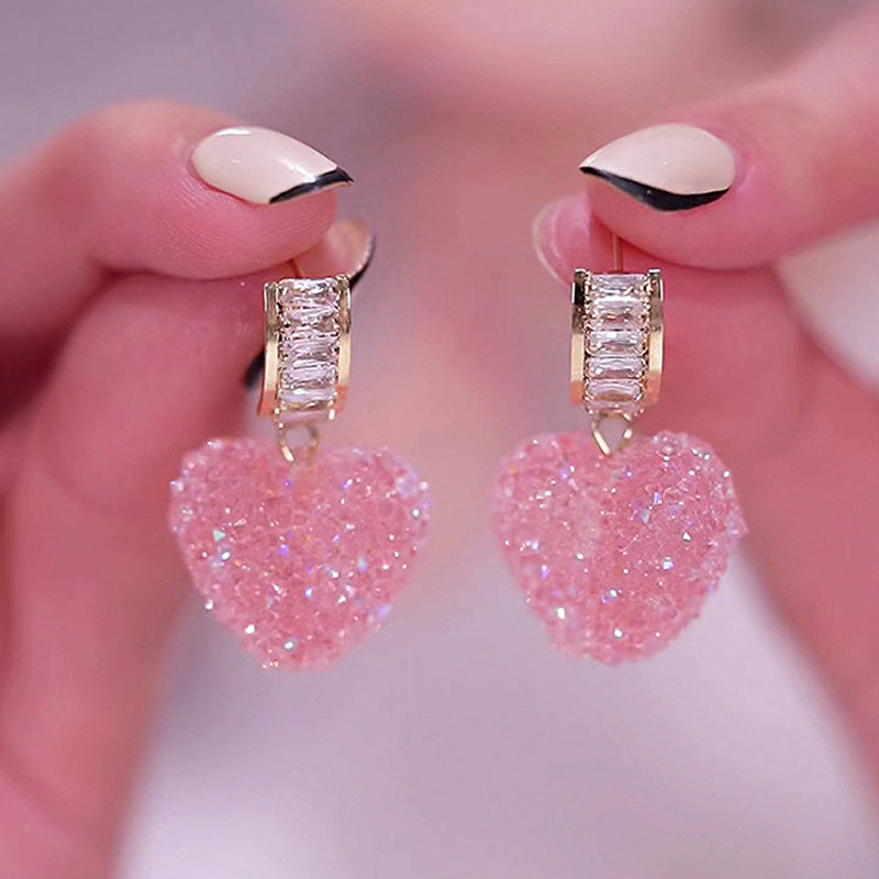 Korean-Style Pink Heart Crystal Earrings