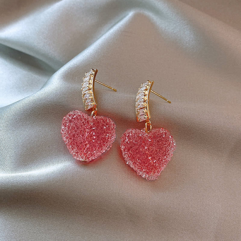 Korean-Style Pink Heart Crystal Earrings
