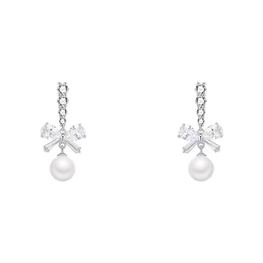 Rhinestone Bows Imitation Pearls Earrings