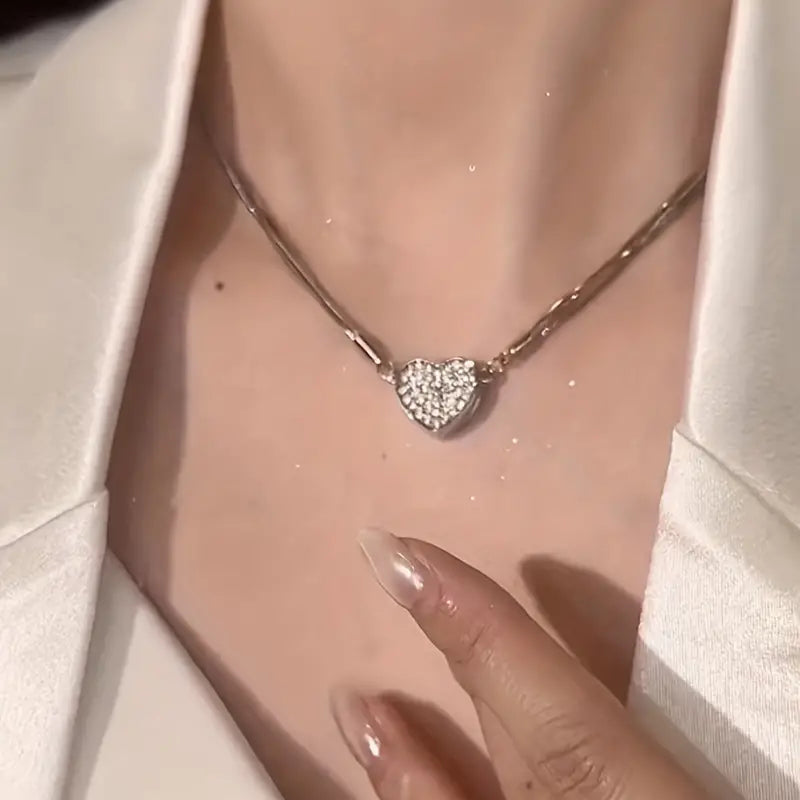 Layered Magnet Necklace with Zircon Heart