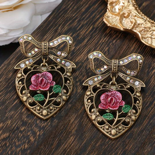 Vintage Heart & Rose Bowknot Earrings