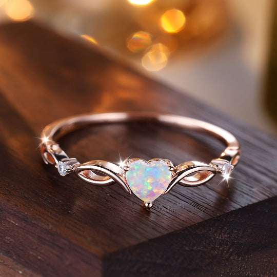 Elegant Silver Cubic Opal Heart Ring