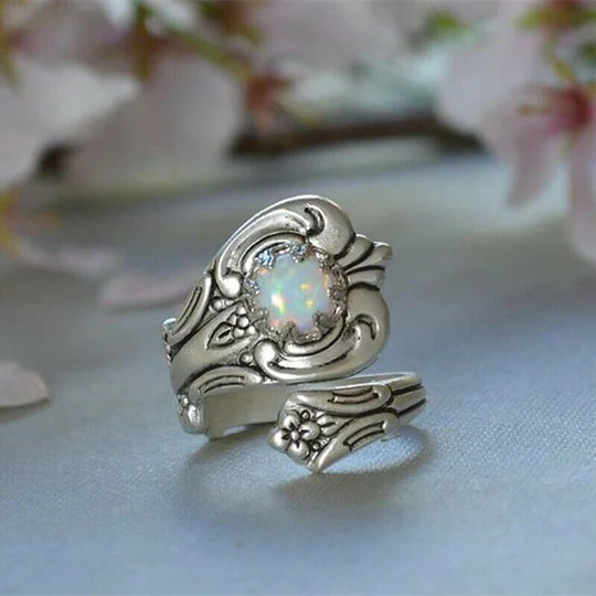 Adjustable White Opal Spoon Ring
