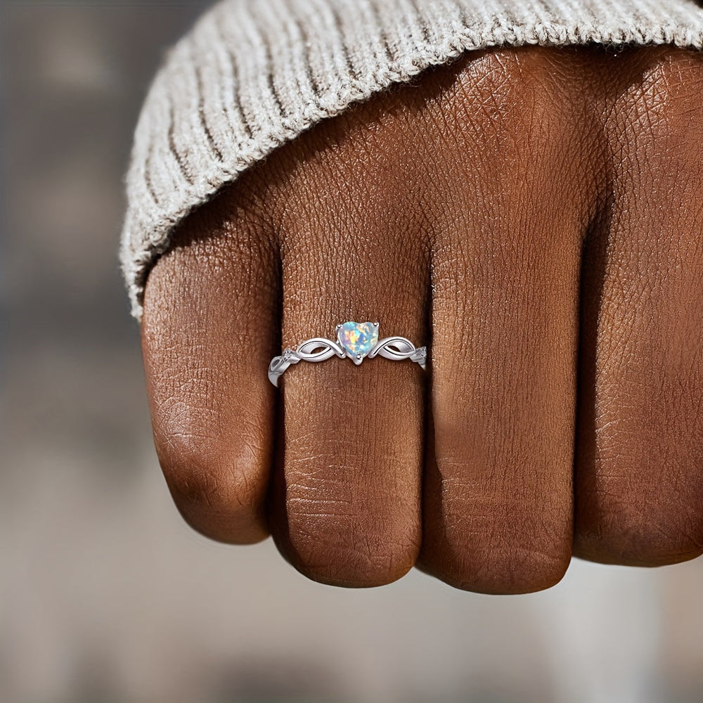 Elegant Silver Cubic Opal Heart Ring