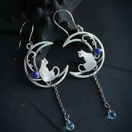 Mystic Blue Kitty Silver Earrings