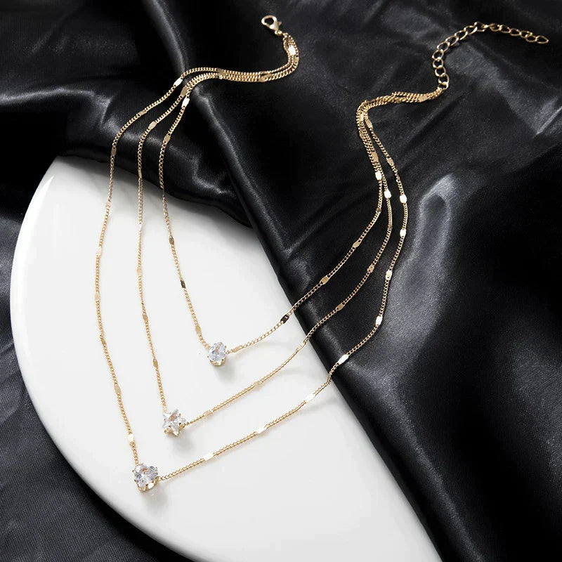Three-Pendant Gold Zirconia Necklace
