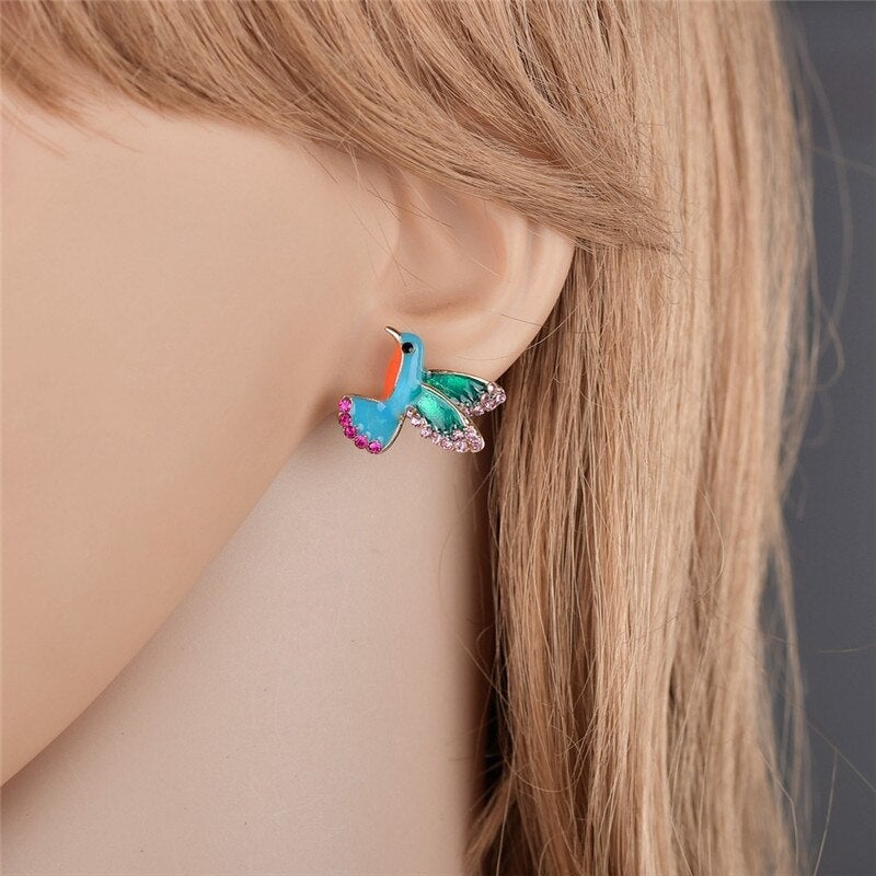 Hummingbird Bird Earrings with Crystal Accents
