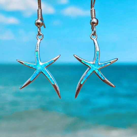 Silver Starfish Earrings with Opal Accents