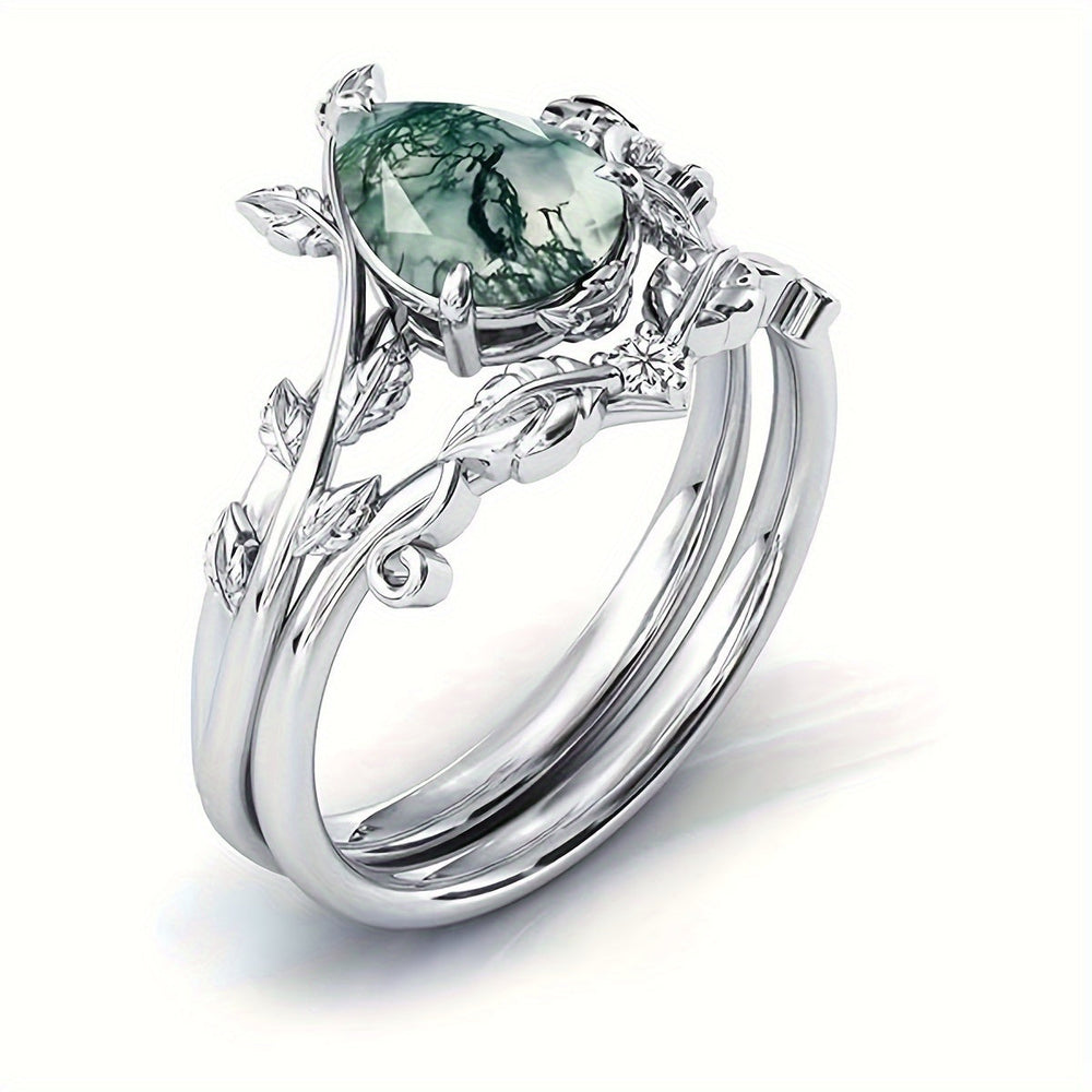 Elegant Silver Natural Water Grass Agate Ring Set