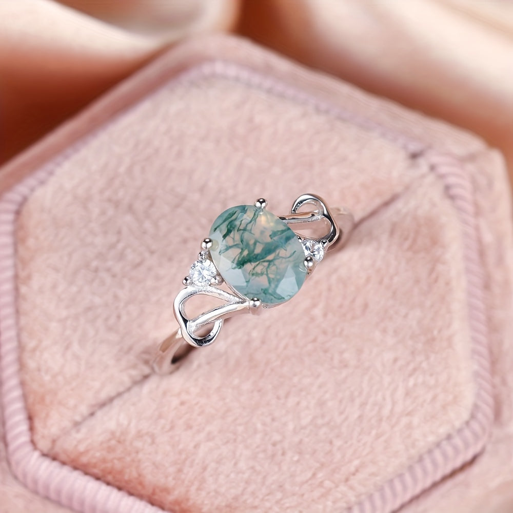 Silver Plated Moss Agate Ring