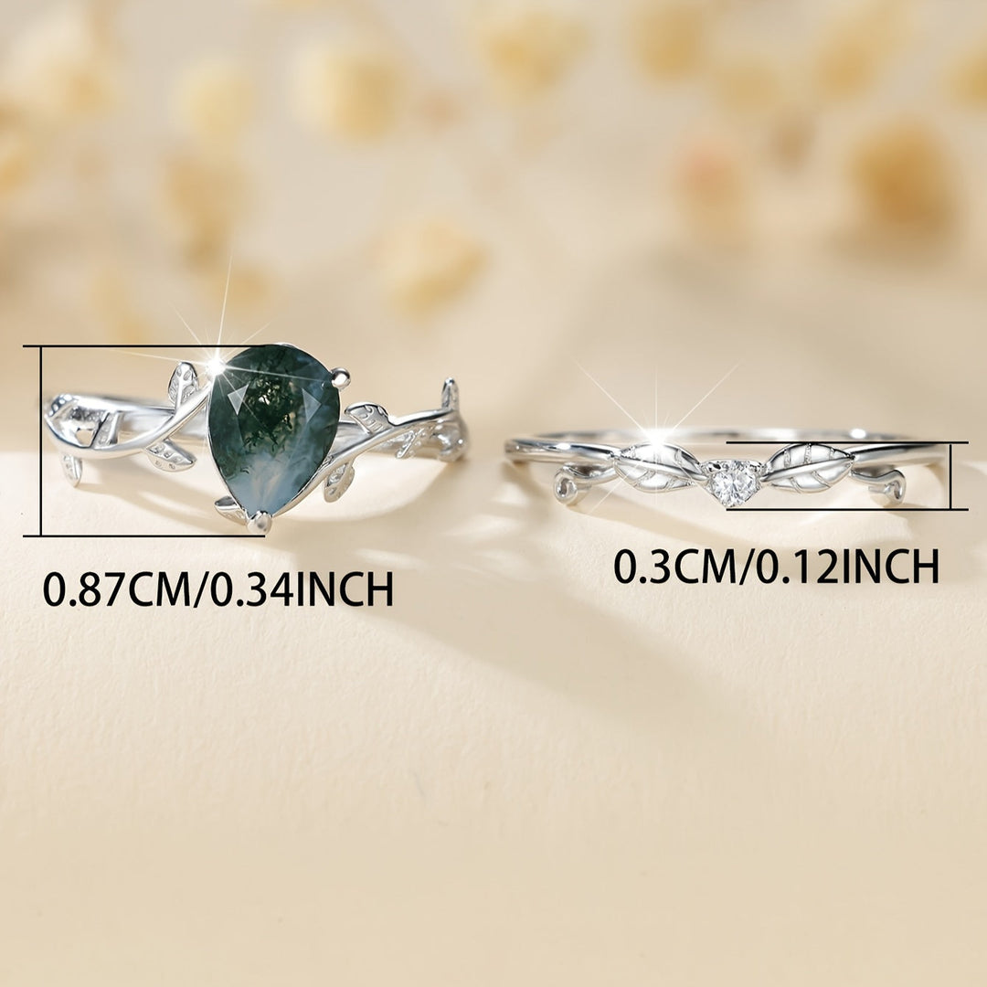 Elegant Silver Natural Water Grass Agate Ring Set