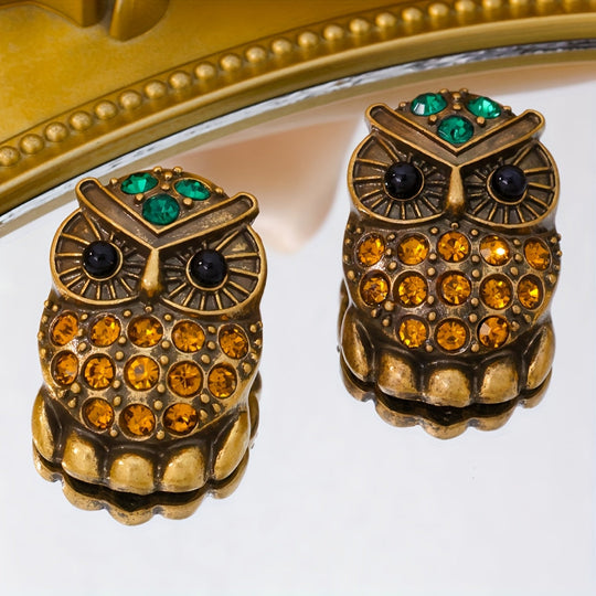 Vintage Owl Earrings with Sparkling Rhinestones