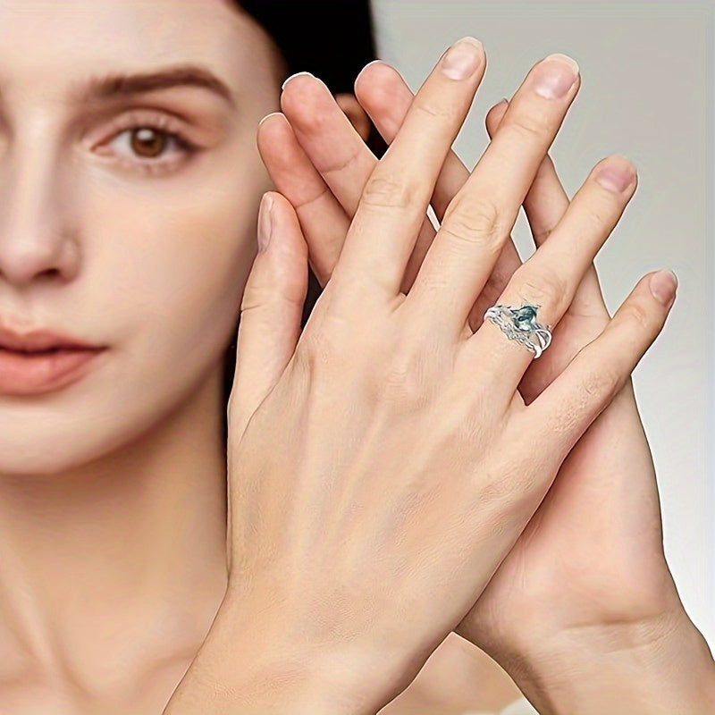 Elegant Silver Natural Water Grass Agate Ring Set