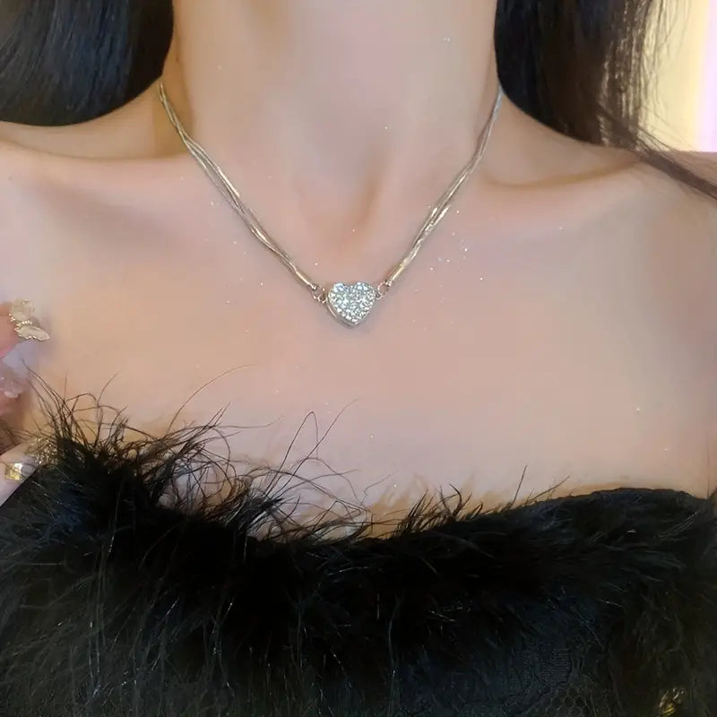 Layered Magnet Necklace with Zircon Heart