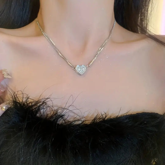 Layered Magnet Necklace with Zircon Heart