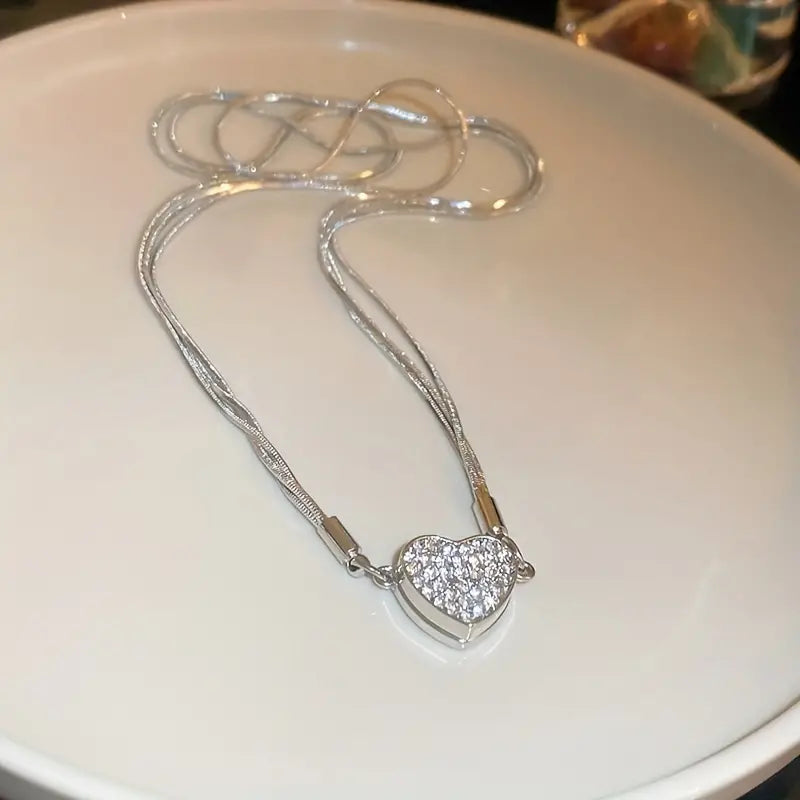 Layered Magnet Necklace with Zircon Heart