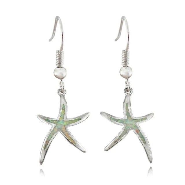 Silver Starfish Earrings with Opal Accents