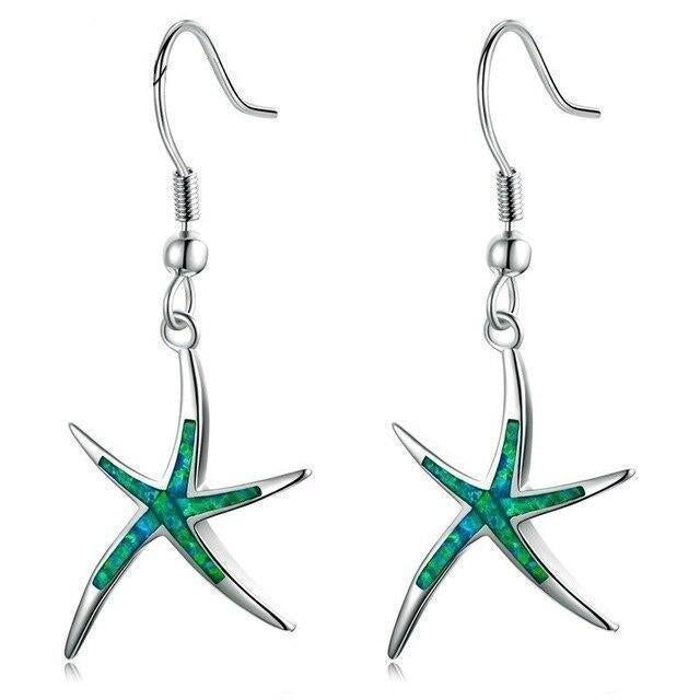 Silver Starfish Earrings with Opal Accents